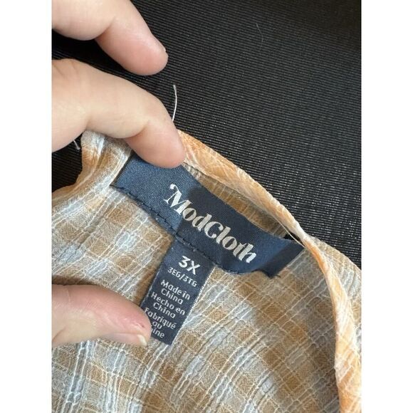 ModCloth Sheer Orange Gingham Blouse‎ Plus 3x Short Ruched Sleeve Cottagecore - Picture 2 of 4